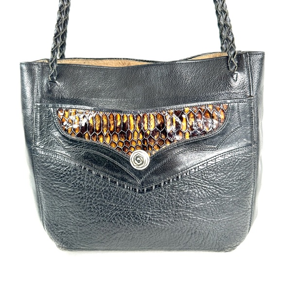 James Culver Black Textured Leather Brown Shoulder Bag Braided Straps Tubac AZ - Picture 3 of 11